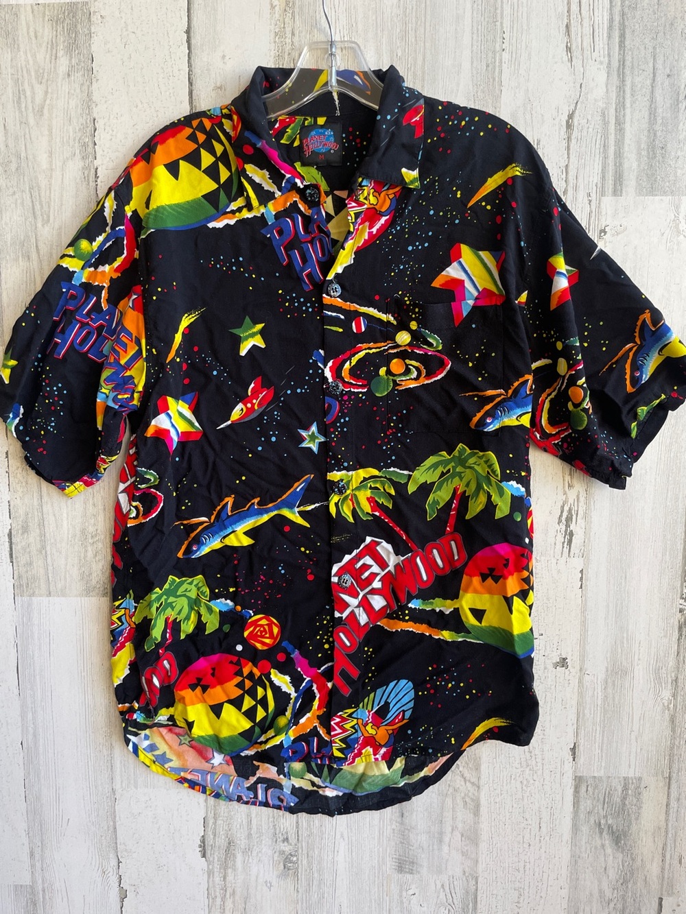 Planet Hollywood Black Multicolor Graphic Button-Down Shirt SZ M Space Sharks